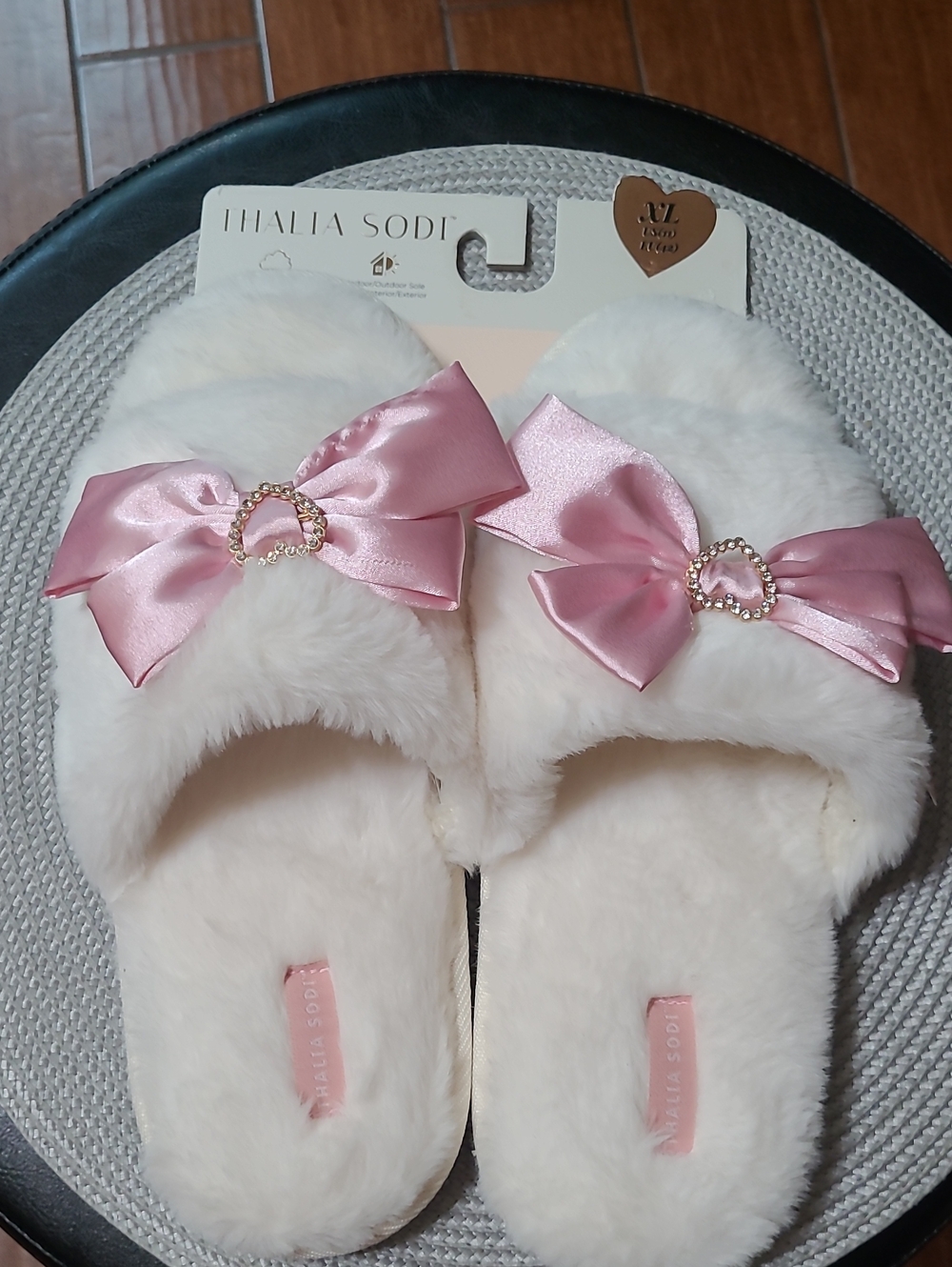 Thalia Sodi Faux Fur Slippers with Bling Bows